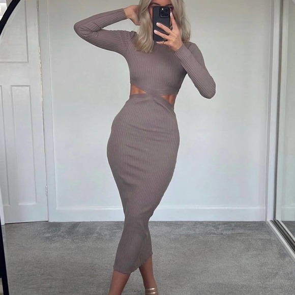 ZARA CUT-OUT RIBBED KNIT DRESS MINK BROWN - Picture 1 of 16